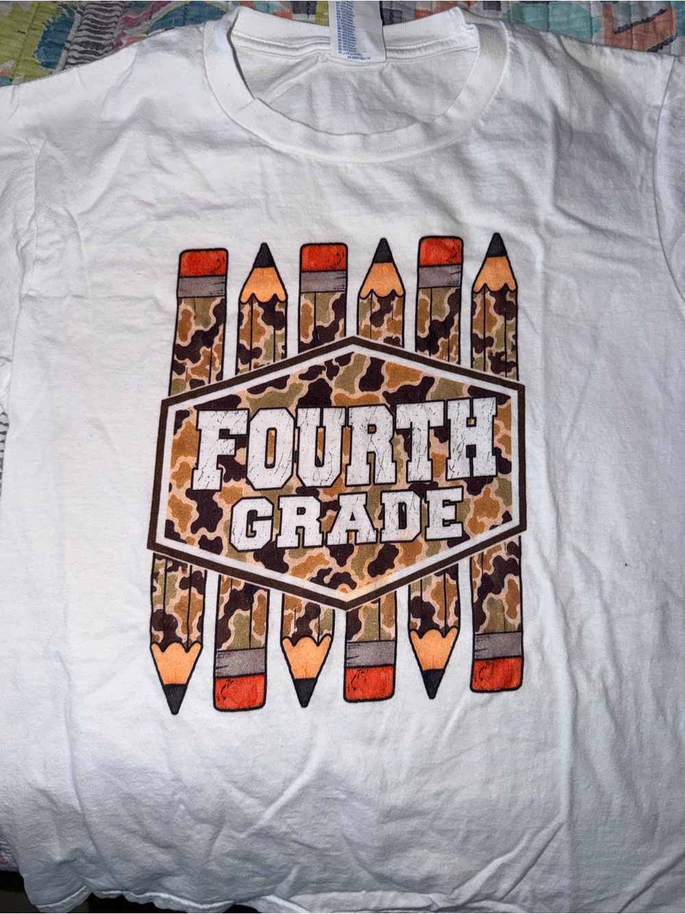 Port and Company White Kids Tee with Camo Pencil Fourth Grade Graphic